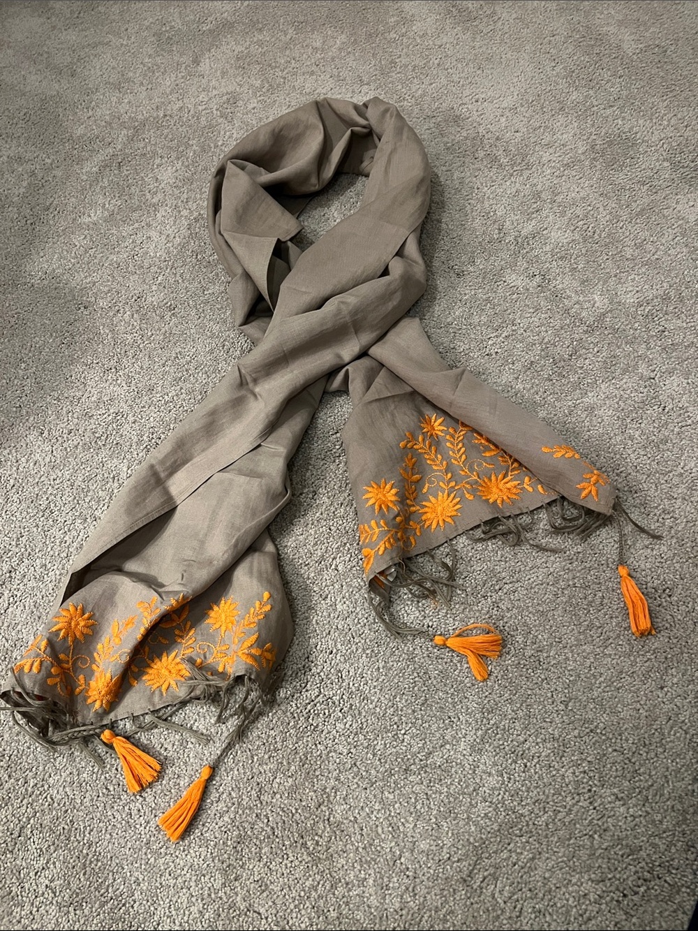 Lucky Brand Gray Scarf with Orange Floral Embroidery and Tassels